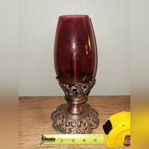 Vintage Red Glass Hurricane Candle Holder Metal Bronze Finish Mechanical Candle